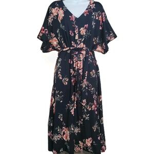J Jill Floral Belted Maxi Dress Med Button Front Navy Blue/Pink V-Neck Loose Fit